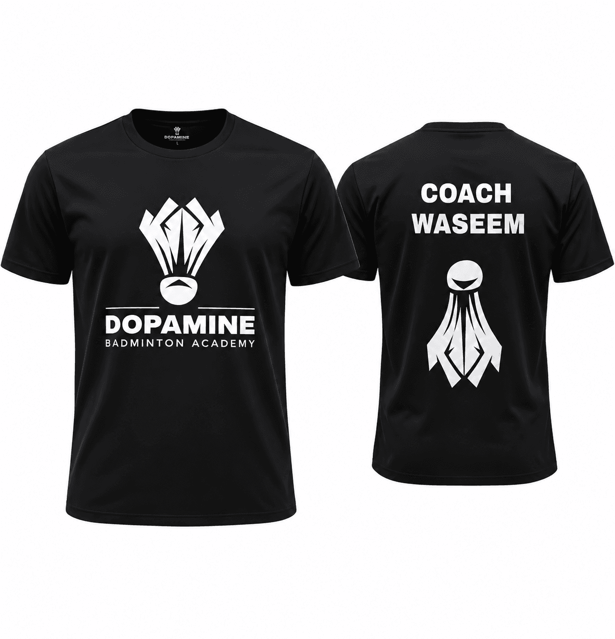 Personalised Dopamine Badminton Academy shirt shown from the front and back